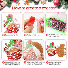 8 PCS Christmas Diamond Art Coasters Santa Claus Diamond Painting Coasters Kits with Holder S