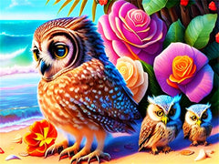 5D Diamond Painting AB Drills - Owl and her Babies on the Beach